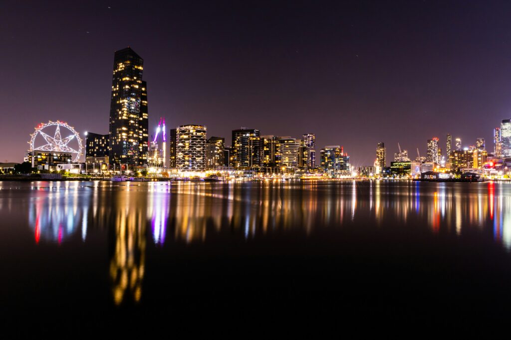 Melbourne CBD skyline night time.